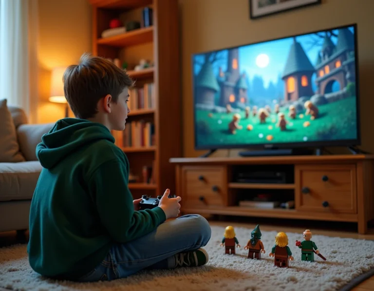 Adolescent jouant à LEGO Le Hobbit sur console entouré de figurines LEGO personnages