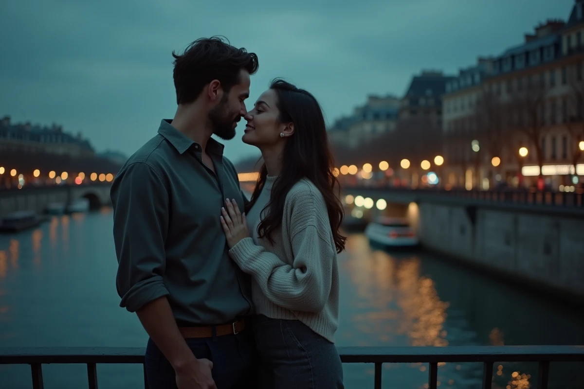 Couple sur un pont parisien au crépuscule dans une ambiance émotionnelle intense, illustration de la relation centrale du film L'Amour Ouf sur Netflix