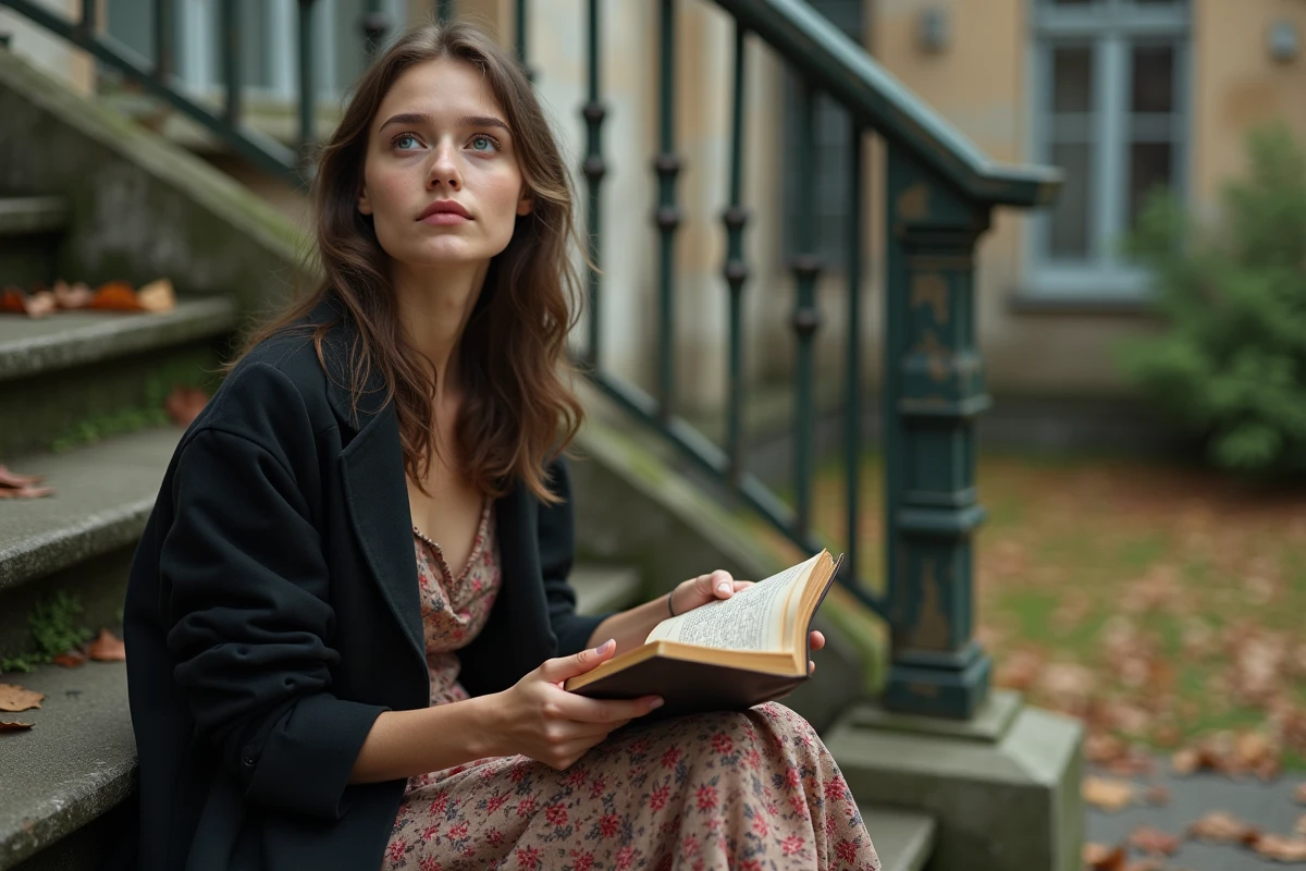 Jeune femme assise sur des marches en pierre d'une école française, ambiance nostalgique et romantique évoquant l'univers de L'Amour Ouf