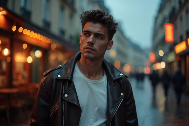 Jeune homme en blouson de cuir sur une rue pavée parisienne sous la pluie, ambiance cinématographique inspirée du film L'Amour Ouf