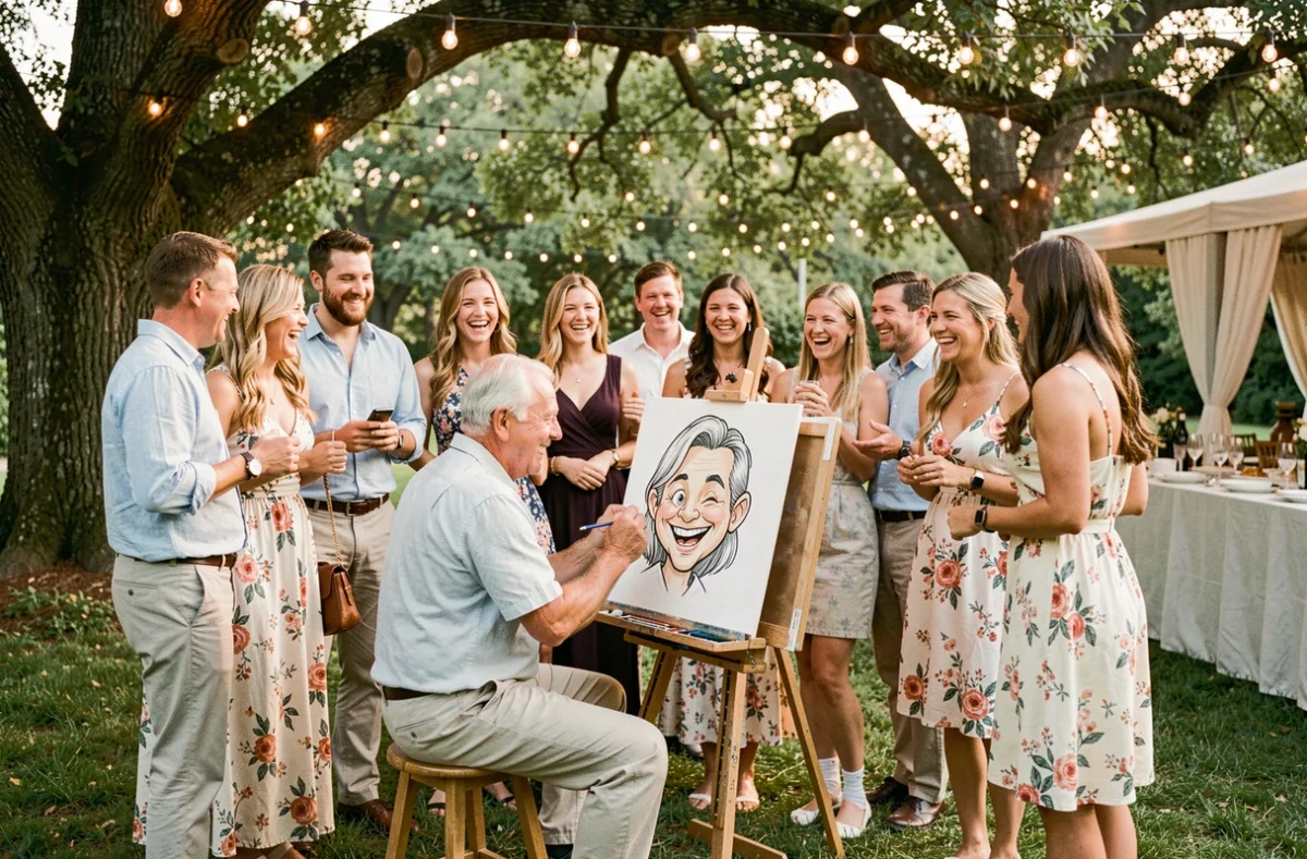 Animateur caricaturiste dessinant un invité souriant lors d'une réception de mariage en plein air avec décor champêtre