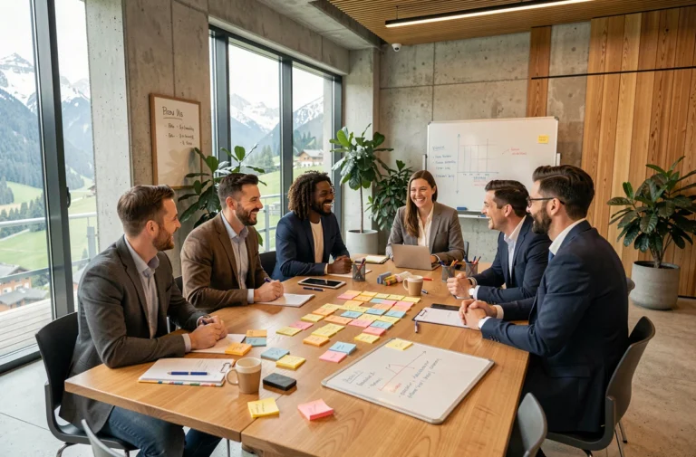 Groupe de professionnels participant à un atelier de team-building créatif dans un centre de conférence moderne en Suisse