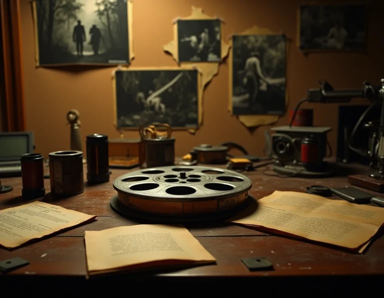 Bobines de film 35mm vintage et matériel de montage cinématographique des années 1970 évoquant la production des films de guerre du Vietnam