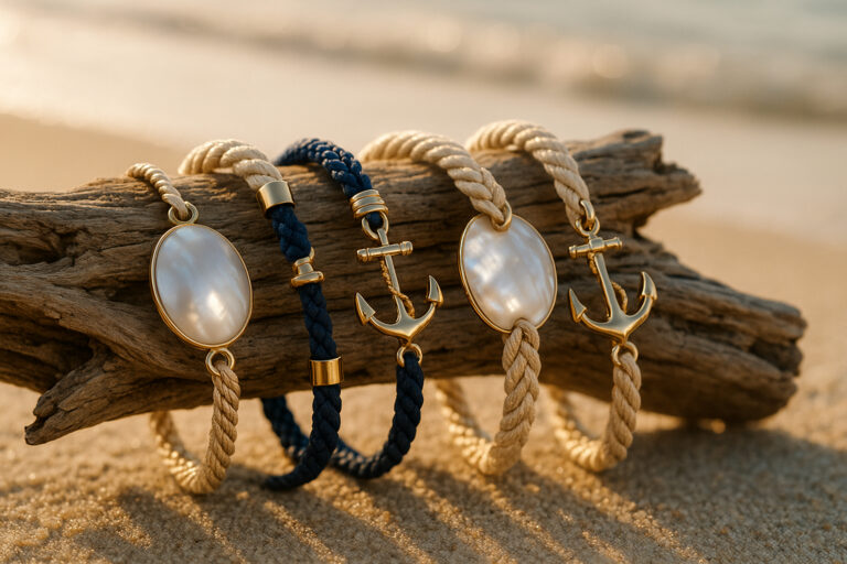 Collection de bracelets marins élégants sur bois flotté