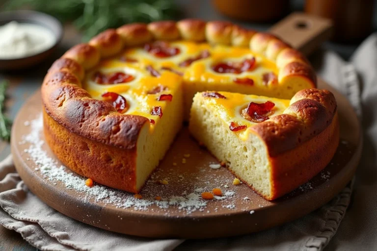 Cake lardons gruyère moelleux coupé en tranches sur une planche en bois rustique