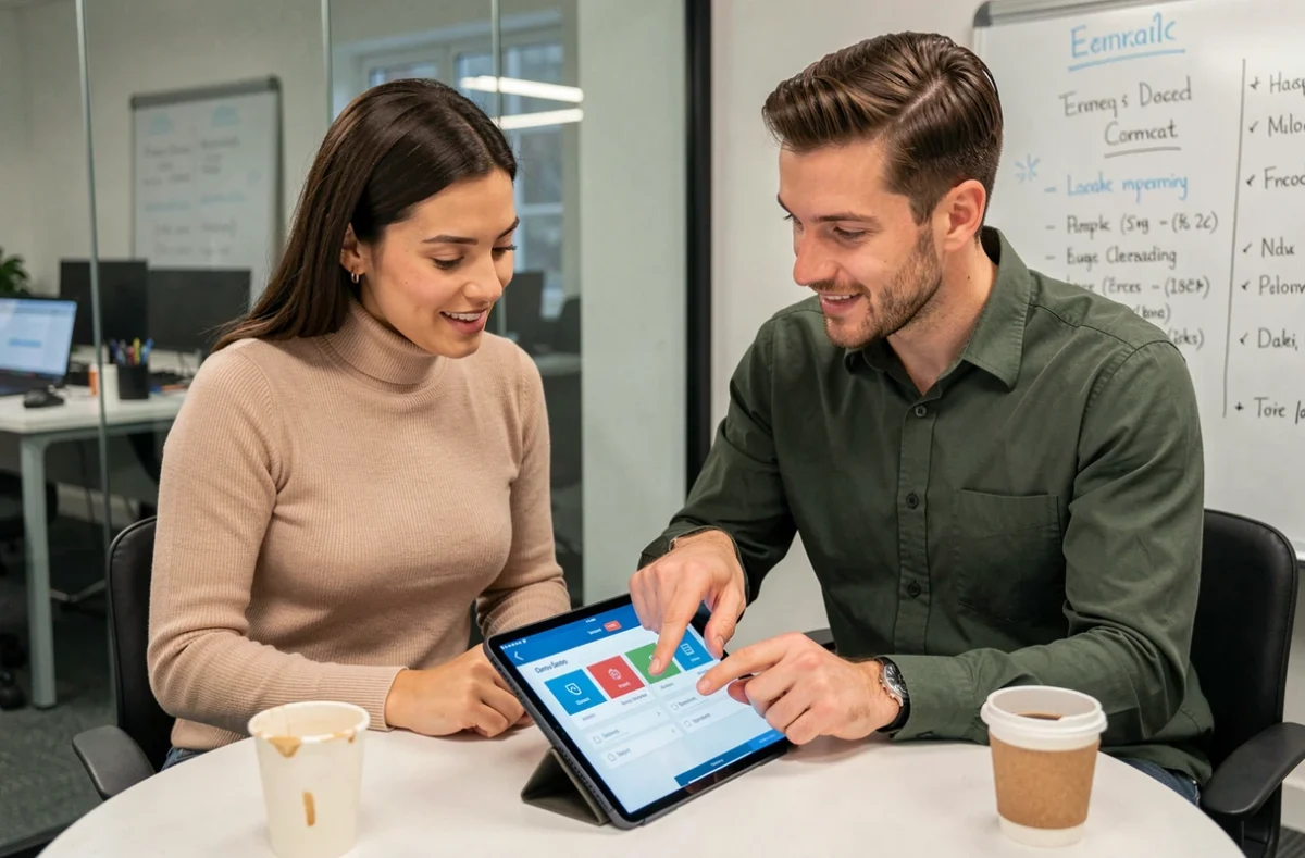 Deux collègues collaborant sur la prise en main d'une plateforme web dans une salle de réunion moderne