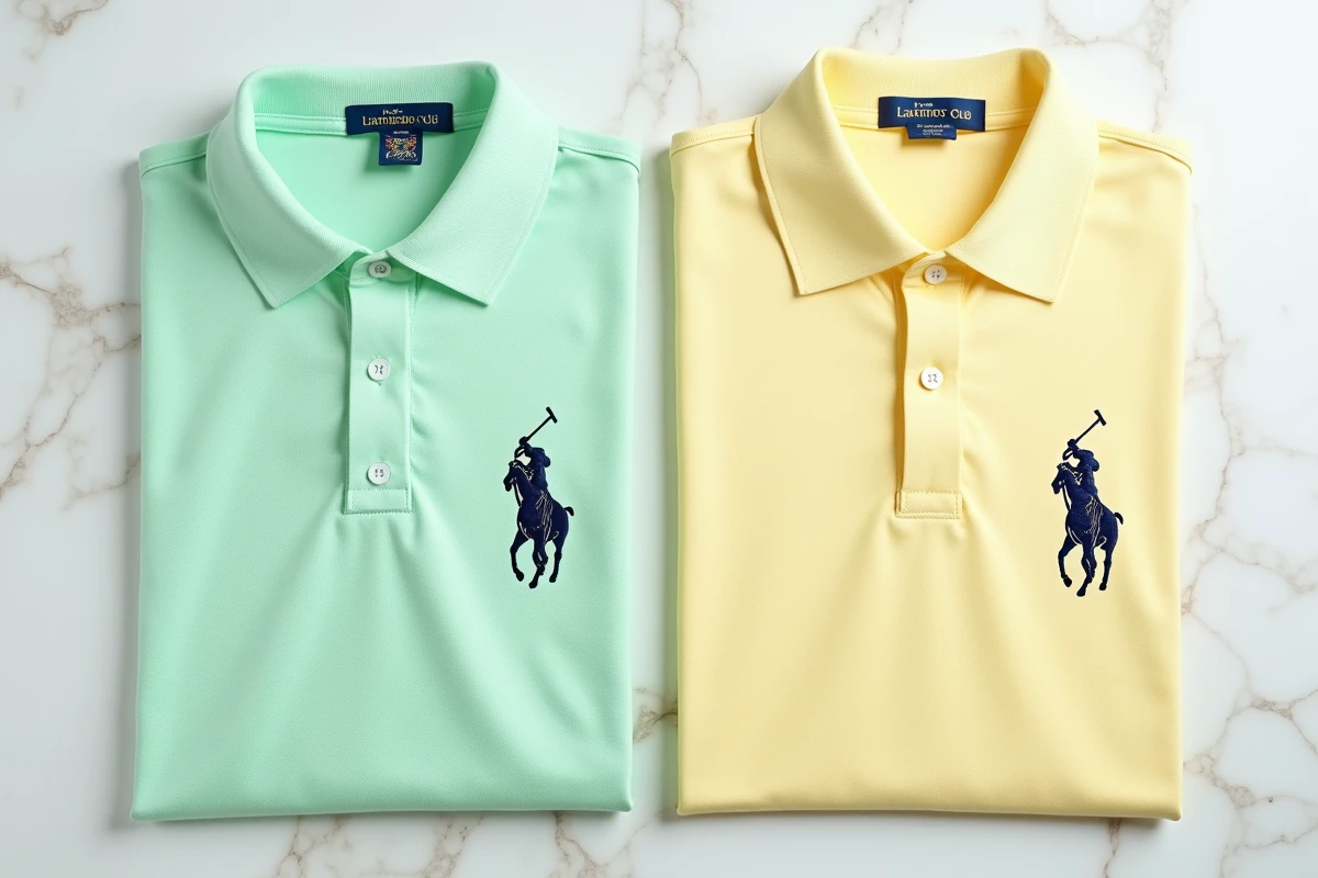 Vue de dessus de deux polos côte à côte sur marbre blanc, comparant les broderies distinctives de Polo Club et Ralph Lauren pour identifier leurs différences de style