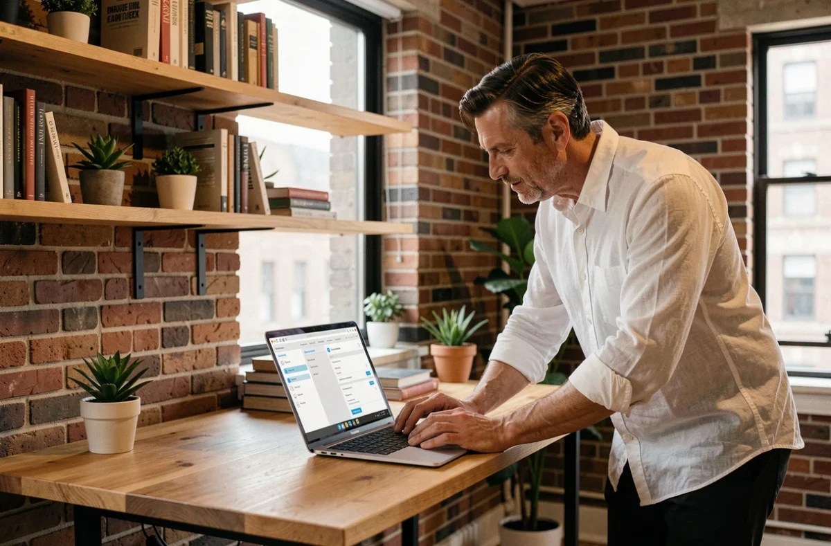 Homme utilisant un ordinateur portable pour configurer un outil de gestion web depuis son bureau à domicile