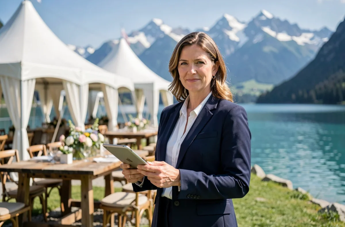 Coordinatrice d'événement d'entreprise devant un cadre naturel de lac suisse avec des tentes de réception élégantes