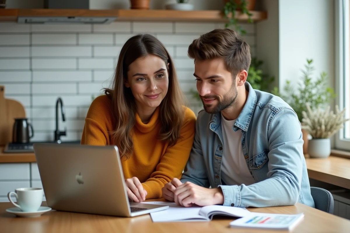 Jeune couple consultant leur déclaration fiscale en ligne pour comprendre les avantages du plafond non utilisé
