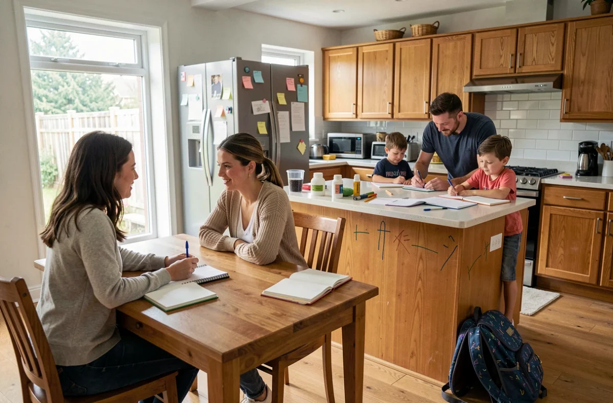 Couple gérant le télétravail et les devoirs des enfants dans une cuisine familiale ouverte