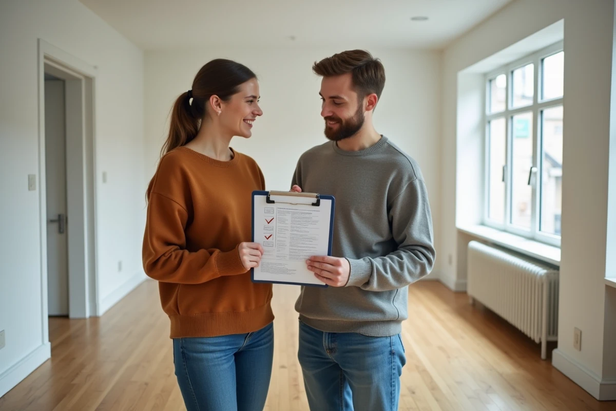 Jeune couple examinant les termes d'un bail locatif dans un appartement vide avant de s'engager à la signature