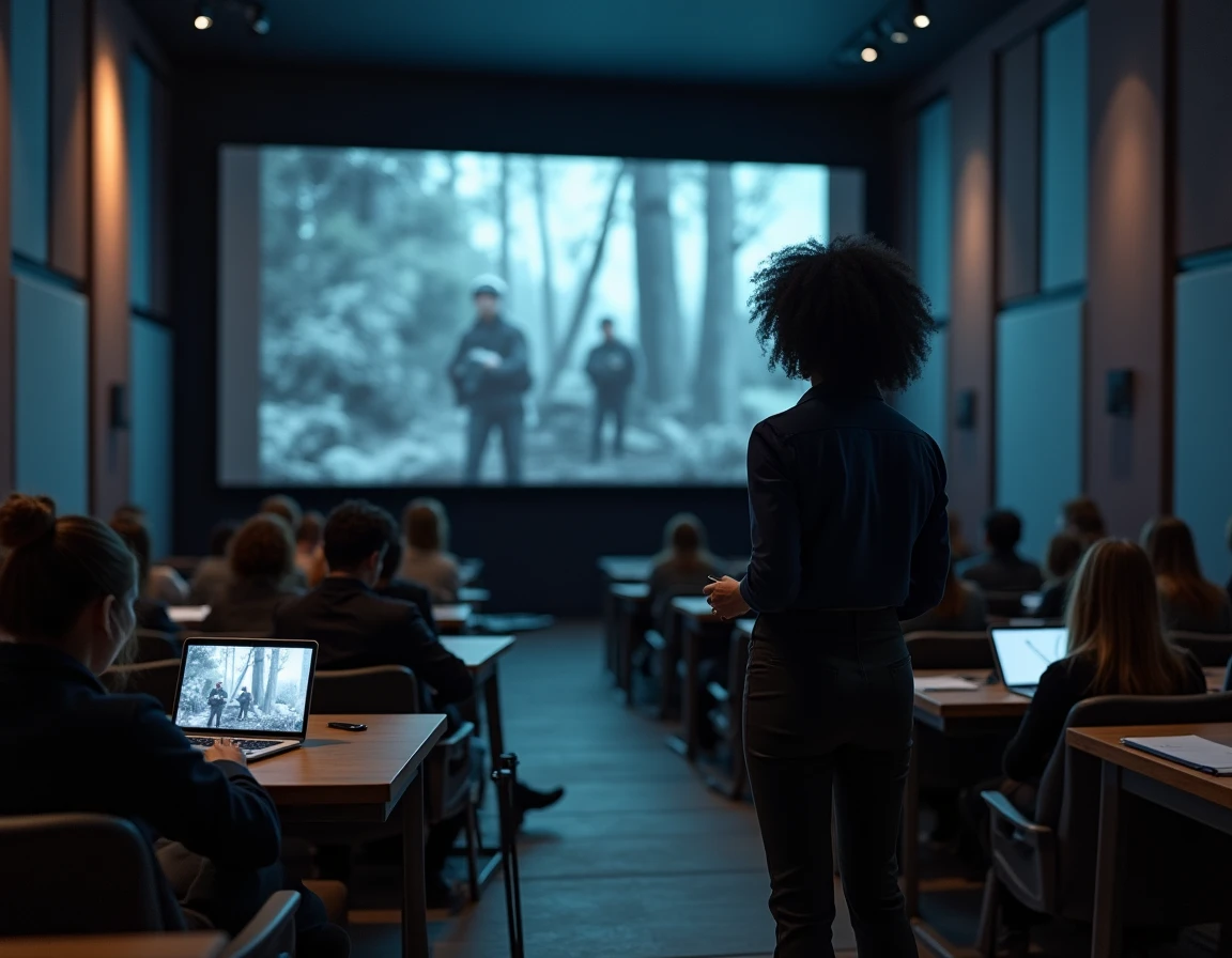 Professeure de cinéma présentant une analyse d'un film de guerre du Vietnam à des étudiants dans une salle de projection universitaire moderne