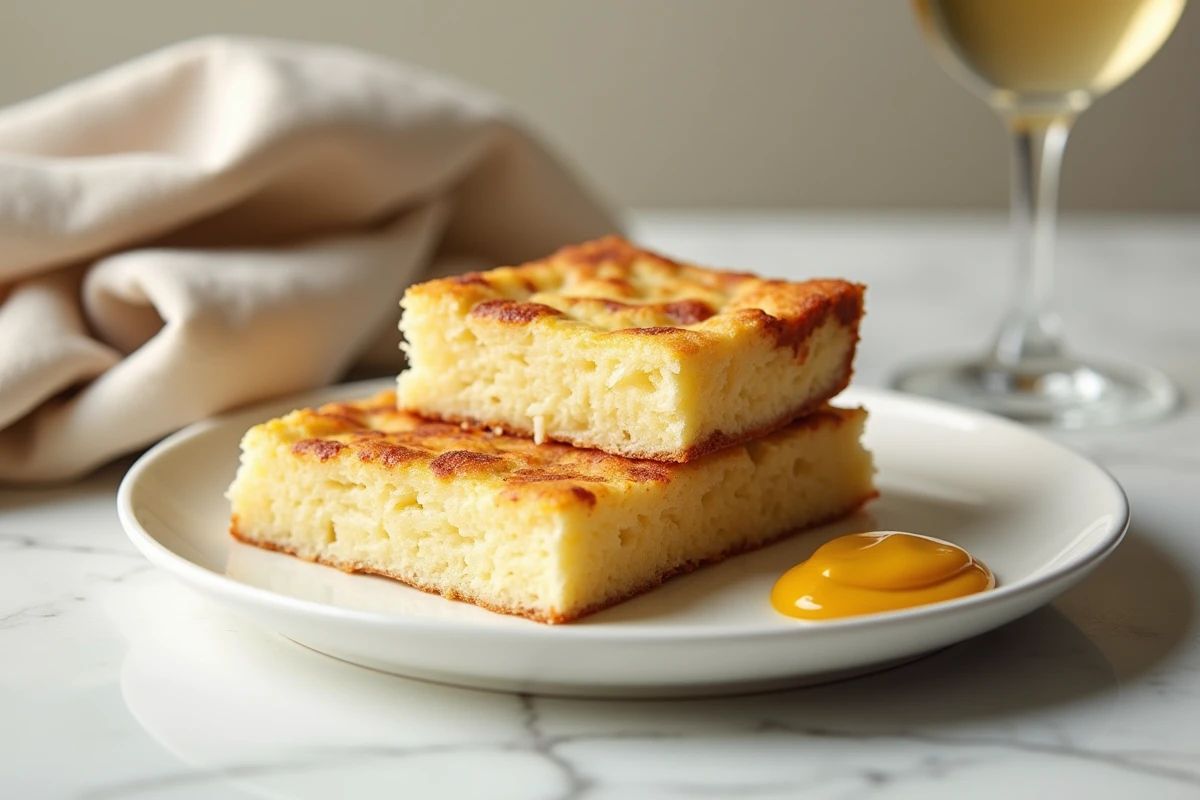 Deux tranches de cake lardons gruyère servies sur assiette blanche avec moutarde et verre de vin