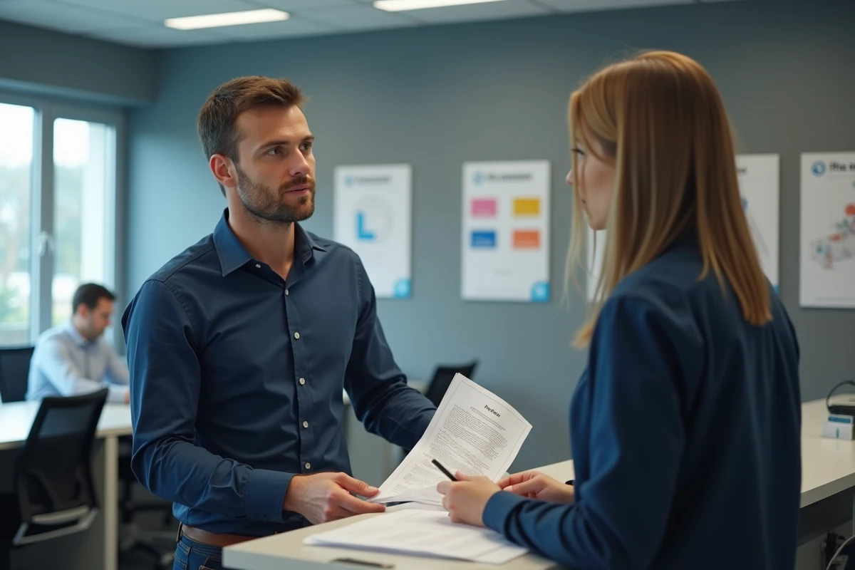 Demandeur d'emploi consultant un conseiller Pôle emploi pour résoudre un retard de versement d'allocation