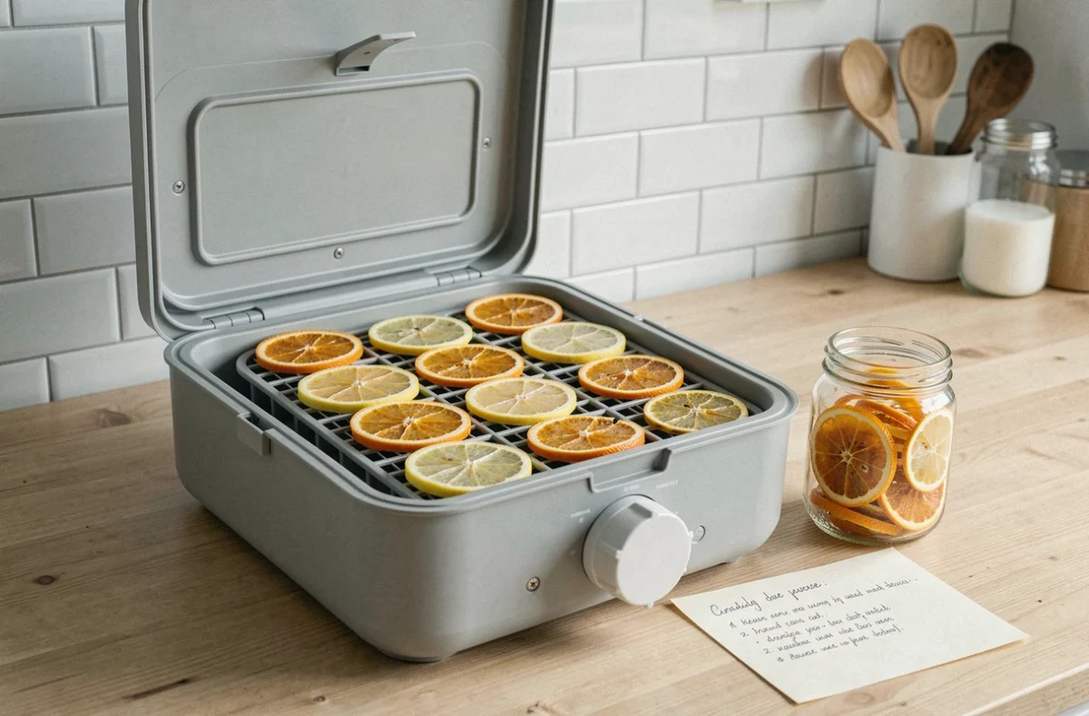 Déshydrateur alimentaire ouvert avec des tranches de citrons et d'oranges en cours de séchage dans une cuisine scandinave