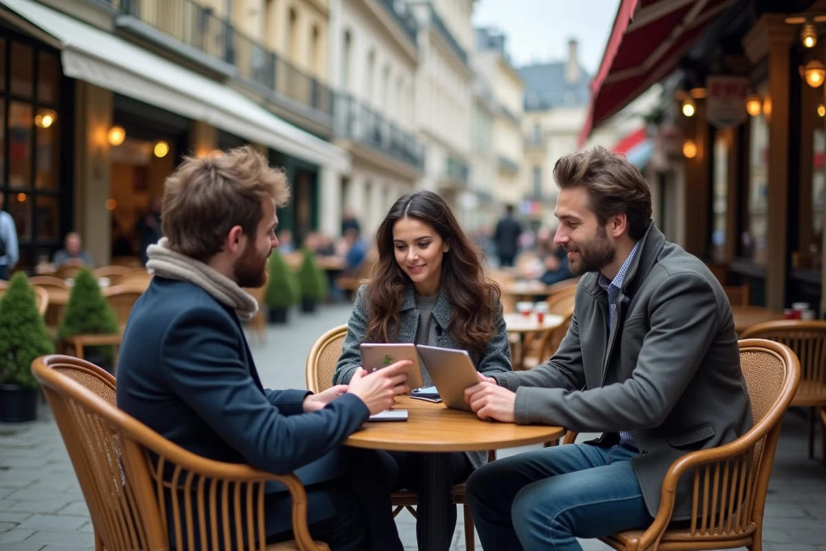 Groupe de professionnels en discussion en terrasse