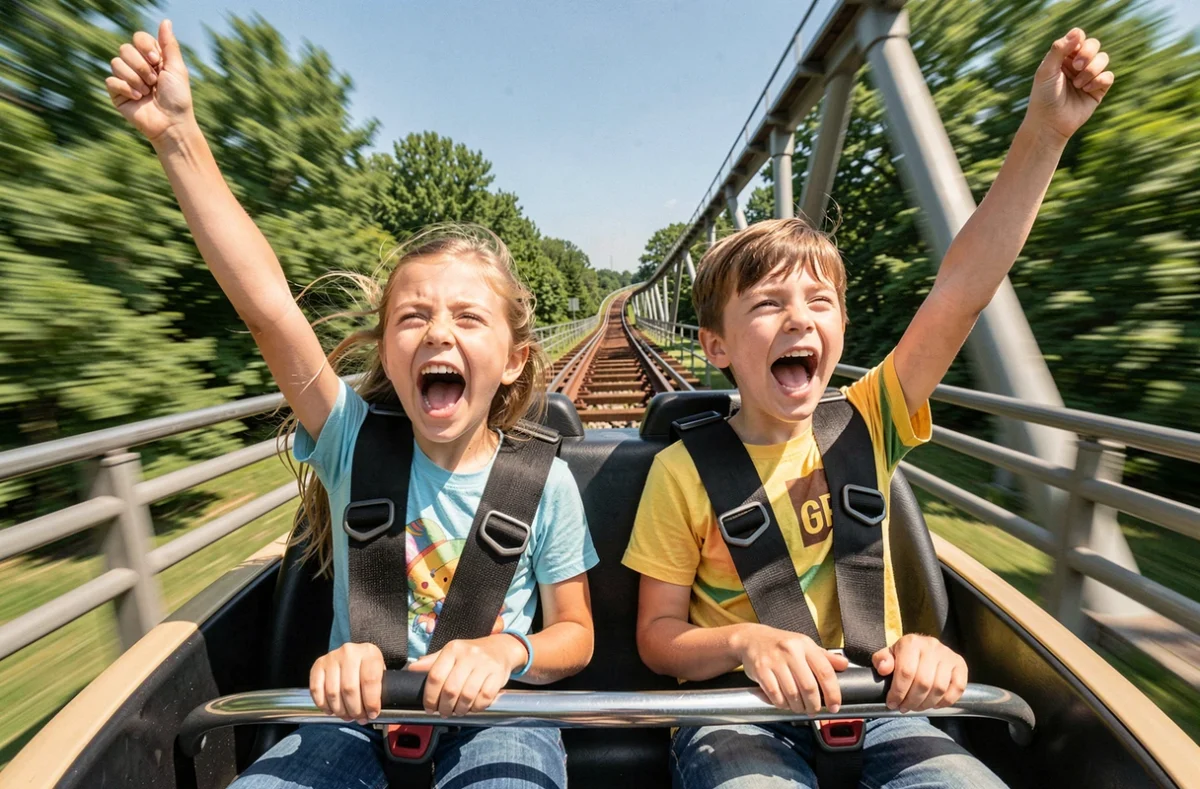 Enfants enthousiastes sur des montagnes russes dans un parc d'attractions en France