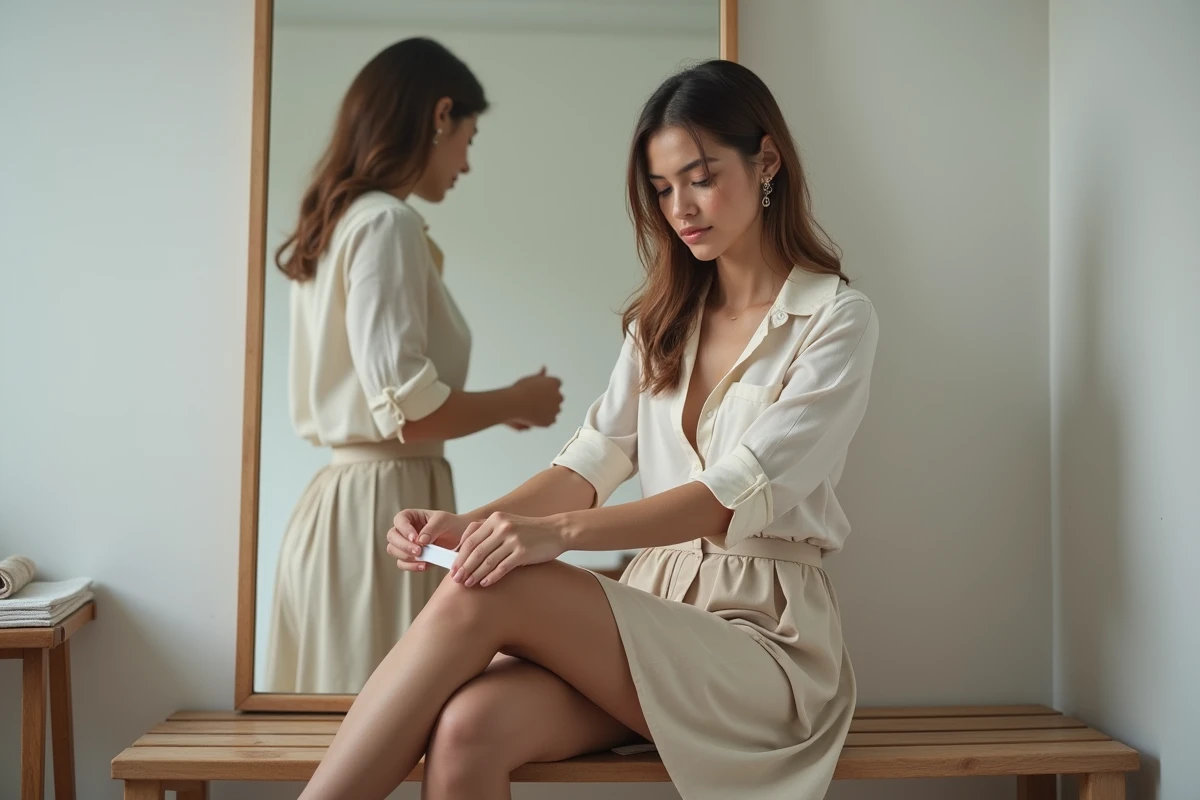 Femme enfilant un collant par-dessus une culotte dans un dressing minimaliste, geste du quotidien illustrant le port de sous-vêtements sous les collants