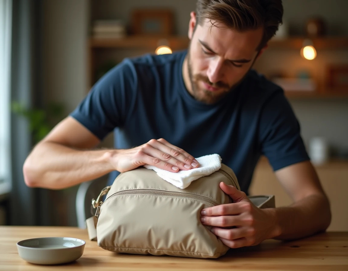 Homme essuyant un cartable Kipling beige avec un chiffon microfibre sur une table en bois
