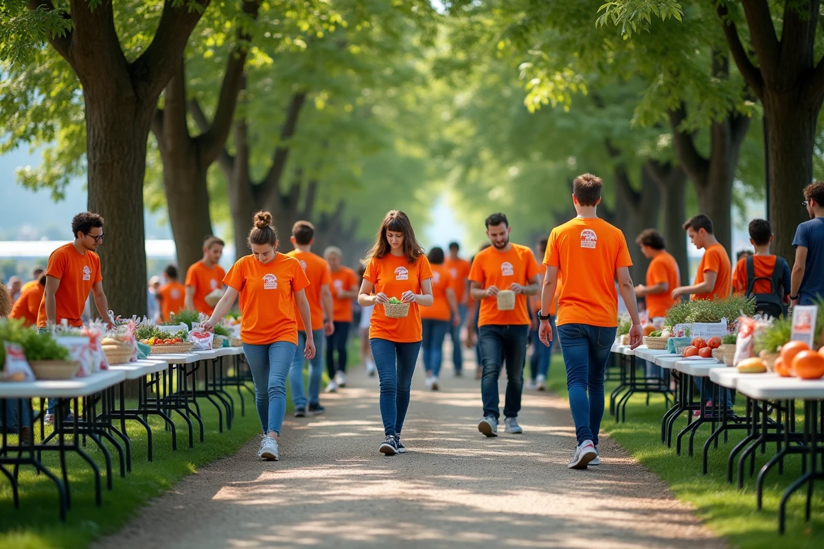 Bénévoles d'associations locales installant des stands lors d'un événement communautaire en plein air en Haute-Garonne
