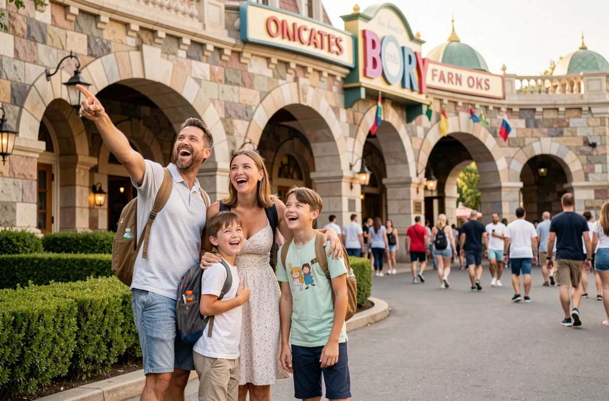 Famille heureuse à l'entrée d'un parc d'attractions français pendant les vacances d'été