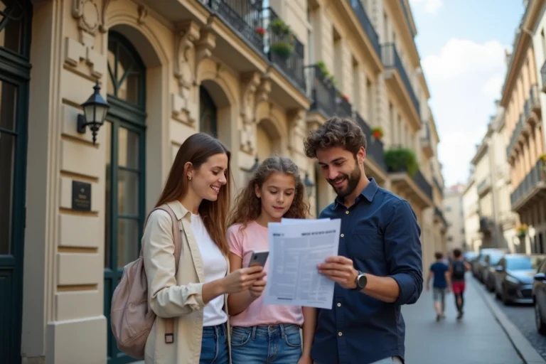 Famille avec enfants consultant des annonces immobilières devant un immeuble Haussmannien à Lyon