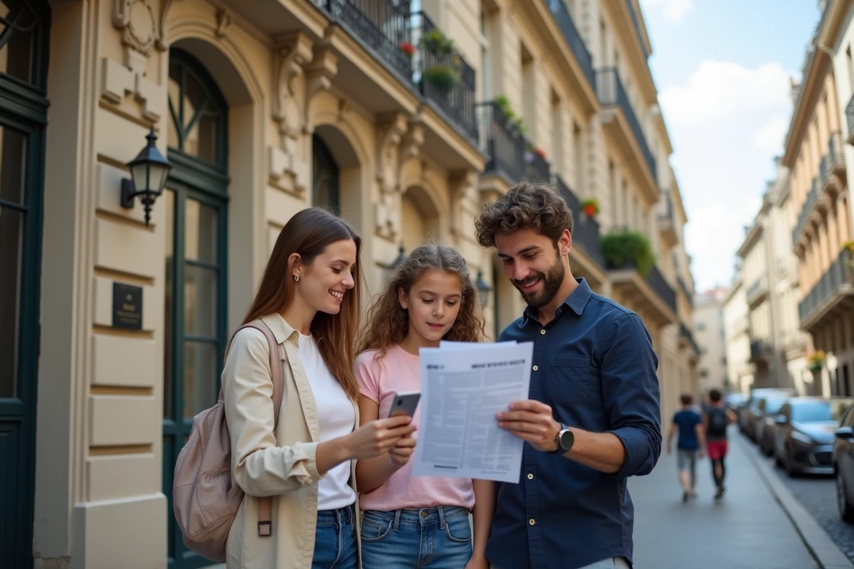 Famille avec enfants consultant des annonces immobilières devant un immeuble Haussmannien à Lyon