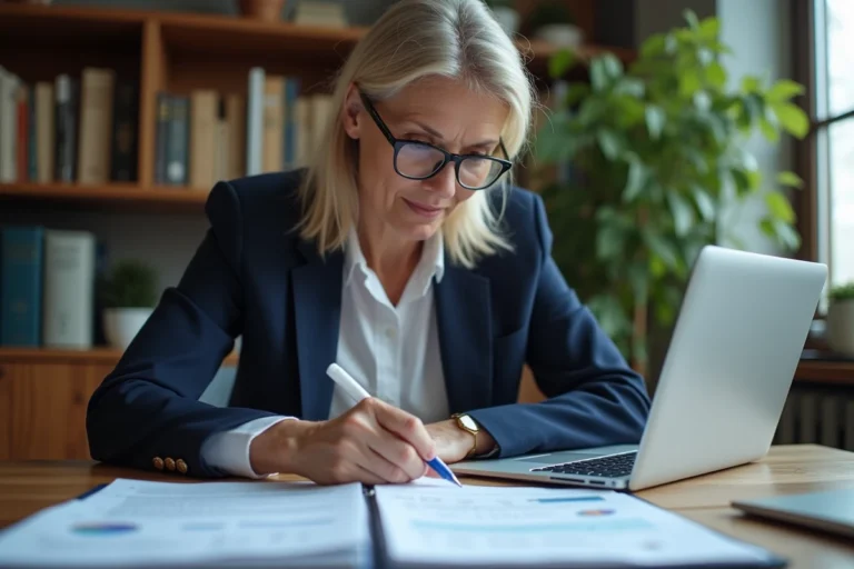 Femme professionnelle analysant des documents fiscaux et des feuilles de calcul financières dans un bureau à domicile bien organisé