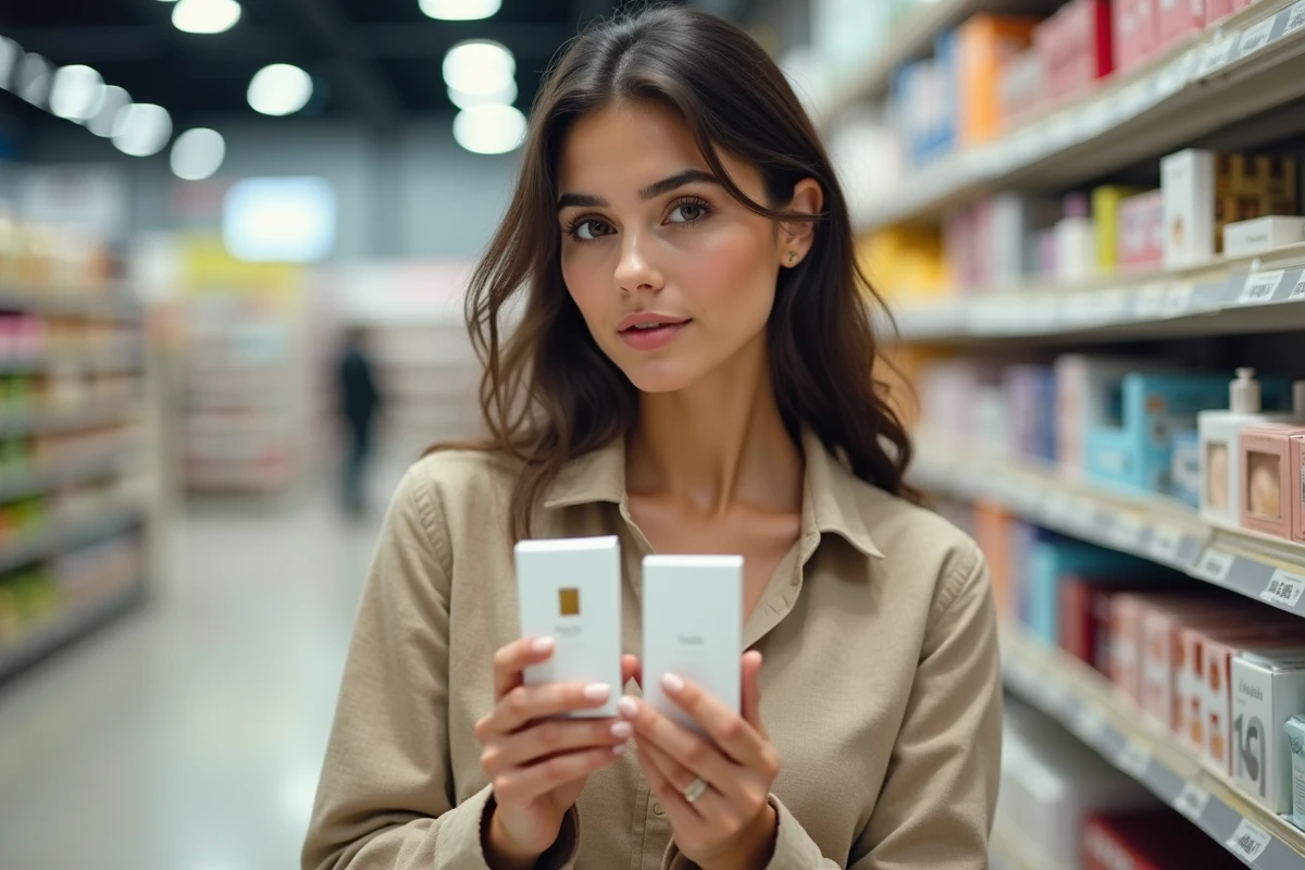 Jeune femme comparant deux boîtes de parfums abordables dans le rayon cosmétique d'un supermarché Lidl