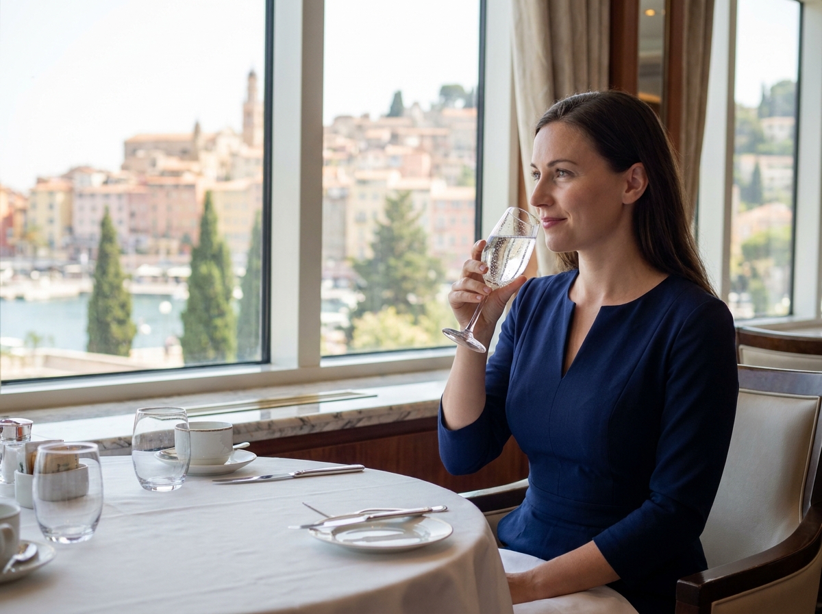 Femme en robe bleue dans un salon de croisière