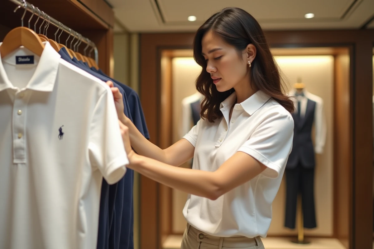 Femme élégante examinant l'étiquette d'un polo dans un grand magasin haut de gamme, illustrant comment distinguer la qualité et l'origine des marques Ralph Lauren et Polo Club