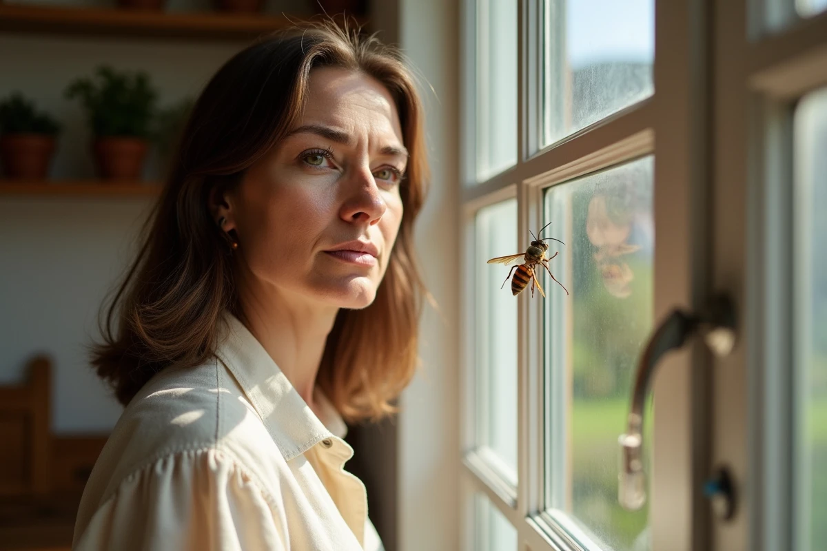 Femme contemplant un frelon sur la vitre de sa cuisine ensoleillée, expression pensive et curieuse