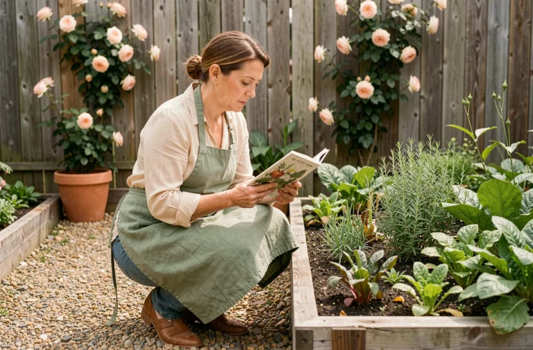 Femme consultant un guide de jardinage dans un potager organisé avec allées en gravier et carrés surélevés en bois