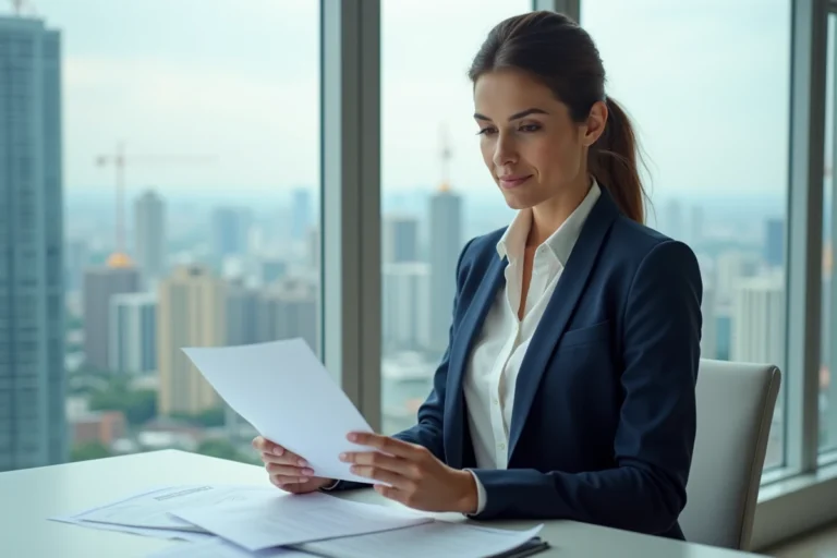 Femme professionnelle examinant des documents immobiliers en bureau
