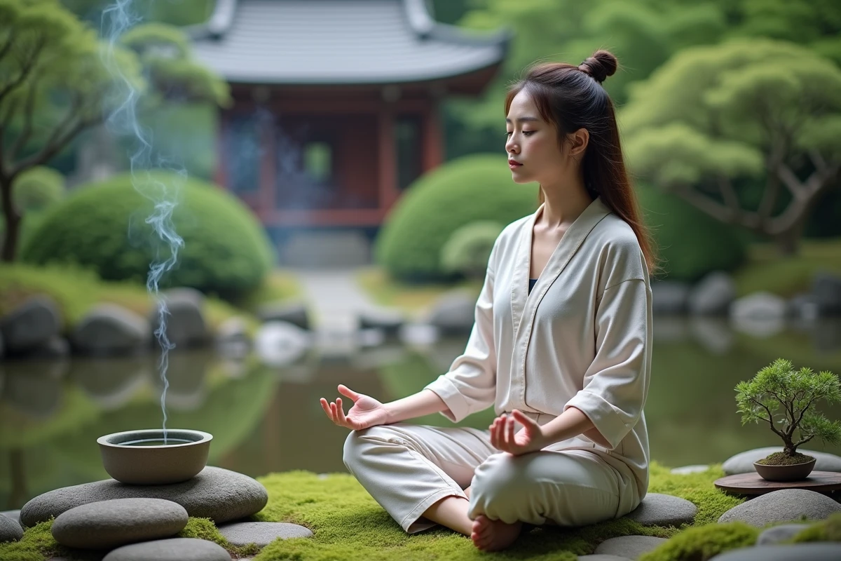 Jeune femme japonaise méditant dans un jardin zen