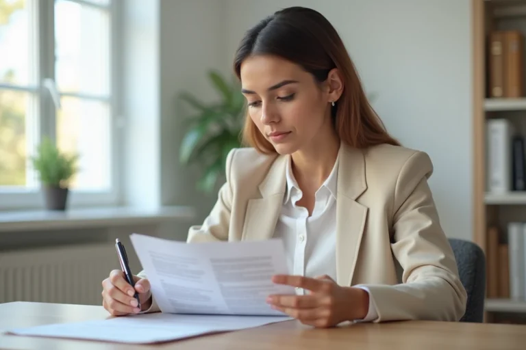 Femme lisant attentivement un contrat de bail locatif avant de signer, assise à un bureau en bois dans un appartement moderne