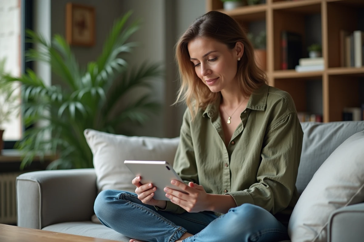 Femme utilisant une tablette pour se connecter à sa boîte mail Wanadoo depuis son salon