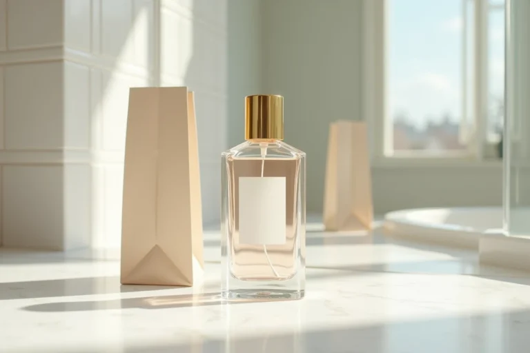 Flacon de parfum dupe Lidl posé sur un comptoir en marbre blanc avec un sac de courses Lidl en arrière-plan flou