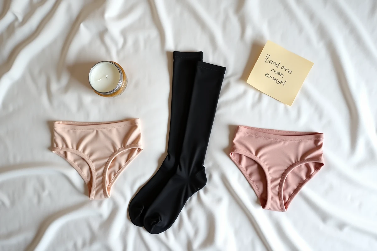 Flat-lay minimaliste avec un collant opaque, une culotte en coton et des accessoires du quotidien sur fond blanc, illustrant les conseils de lingerie féminine