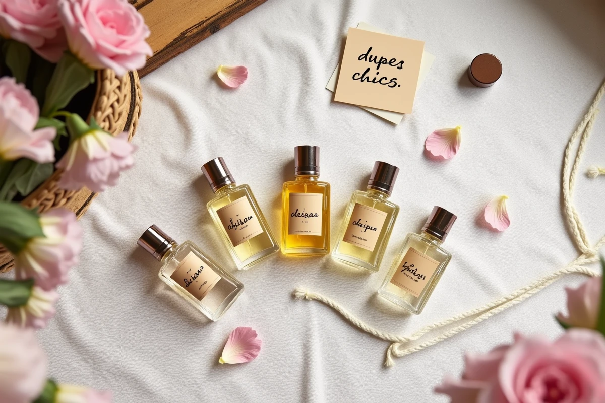 Flatlay de cinq flacons de parfums dupes Lidl arrangés sur du lin crème avec des pétales de fleurs et un ticket de caisse