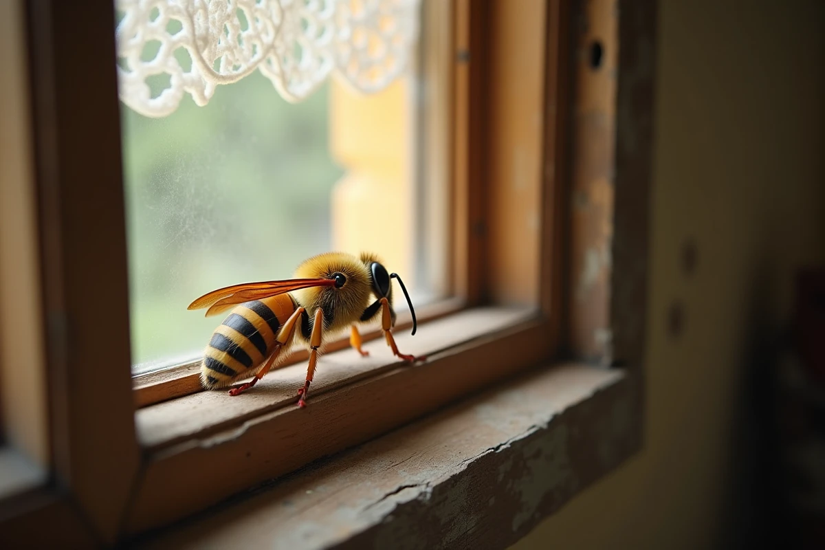 Frelon européen posé sur le rebord d'une fenêtre en bois à l'intérieur d'une maison rustique, gros plan macro réaliste