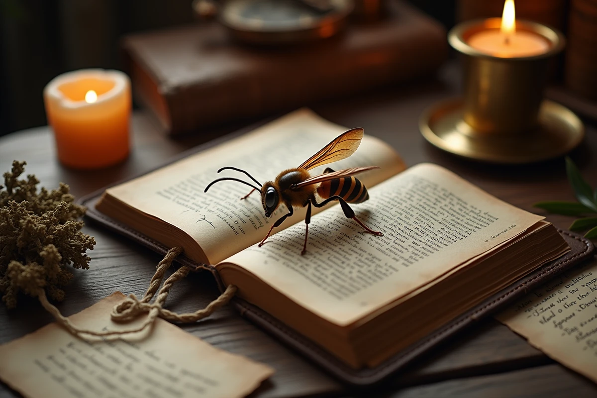 Frelon posé sur un vieux livre ouvert entouré d'objets symboliques sur un bureau en chêne, évoquant les interprétations ésotériques