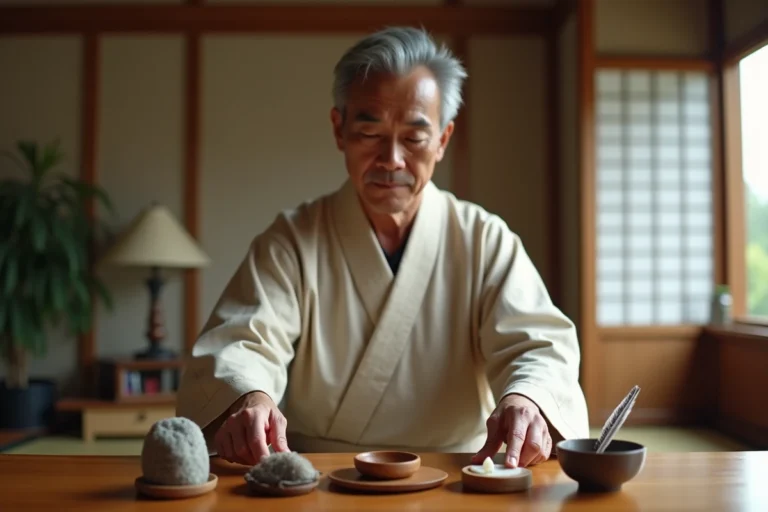 Homme japonais en kimono posant des objets rituels traditionnels