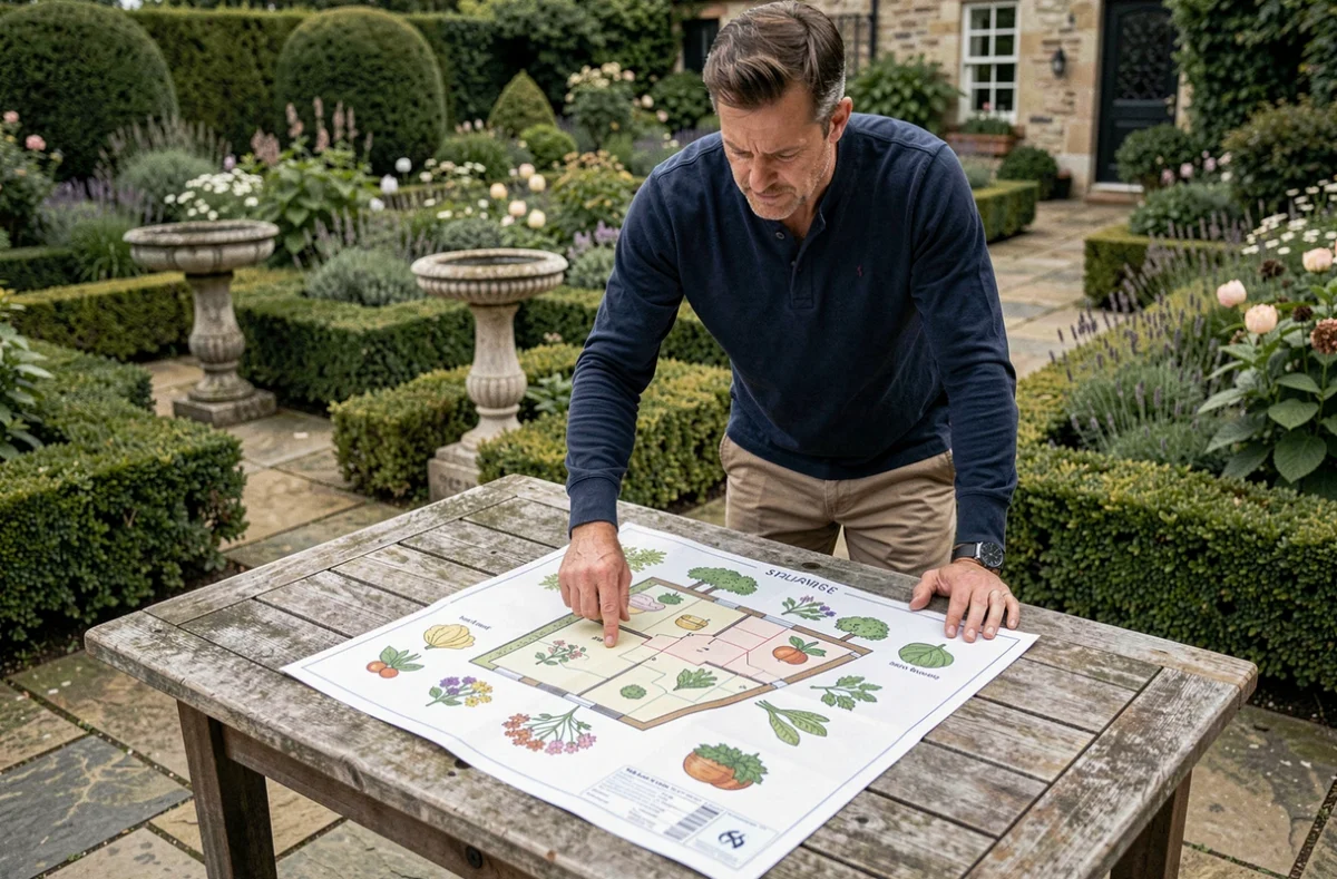 Homme étudiant un plan de jardin dessiné à la main sur une table en bois de terrasse entourée de haies et de bordures florales