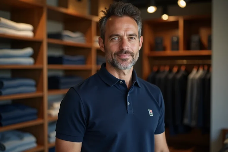 Homme élégant portant un polo classique avec logo brodé dans une boutique parisienne raffinée, illustrant les codes vestimentaires des marques Polo Club et Ralph Lauren