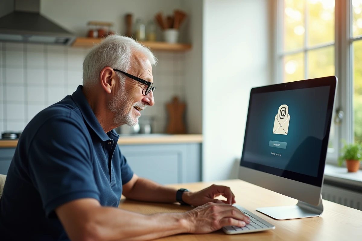 Homme senior consultant sa messagerie Wanadoo sur un ordinateur de bureau dans une cuisine moderne