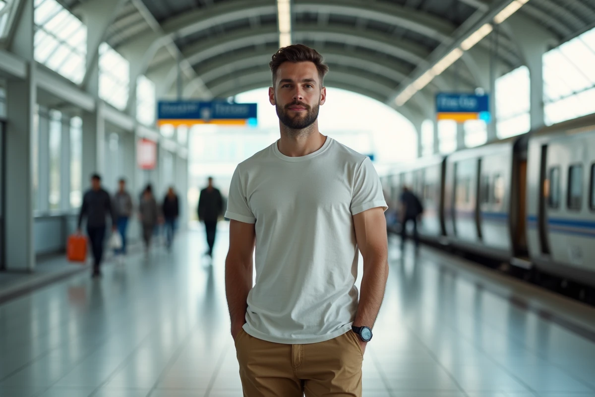 Homme en tenue casual dans une gare française moderne