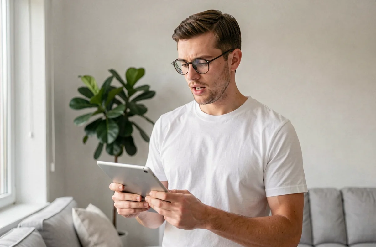Homme consultant le plan du site beauté santé sur une tablette dans un salon scandinave