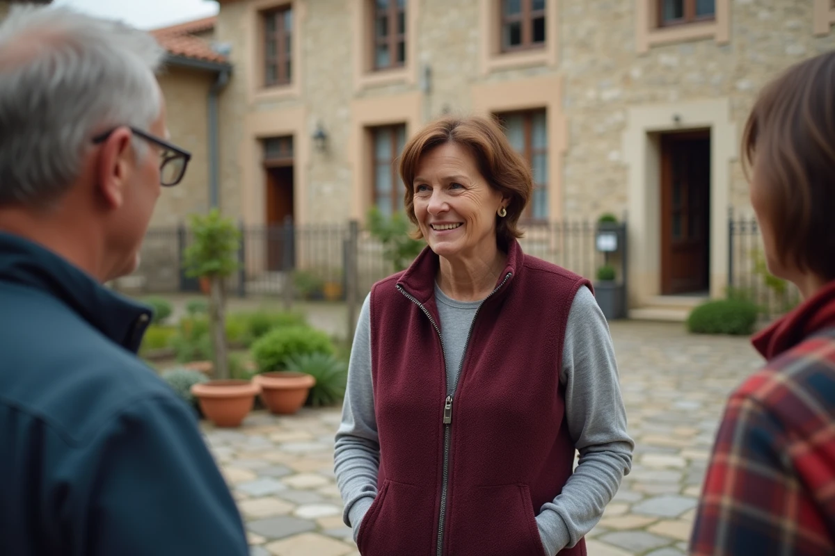 Élue locale discutant avec des habitants devant un jardin partagé dans un village de Haute-Garonne